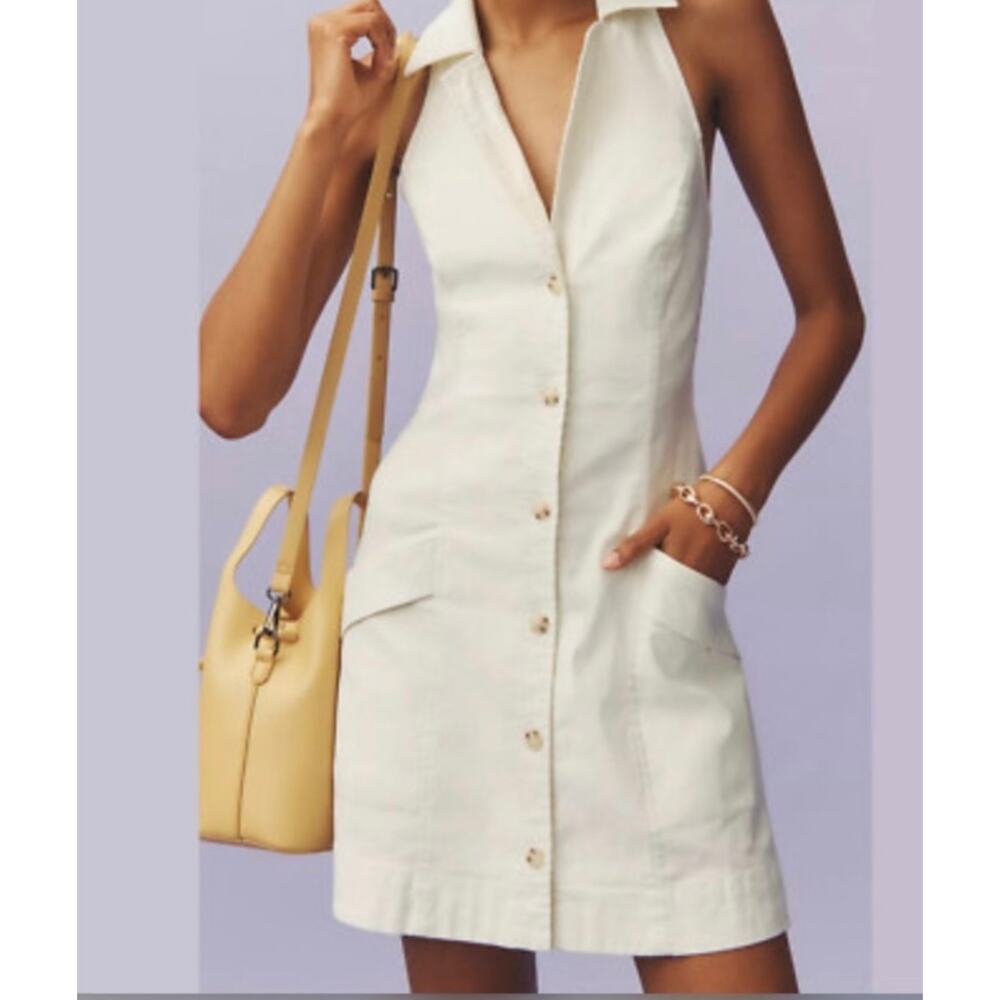 Anthropologie Maeve Amelia Collared Mini Dress Size S Ivory Magic Fabric T-Back
